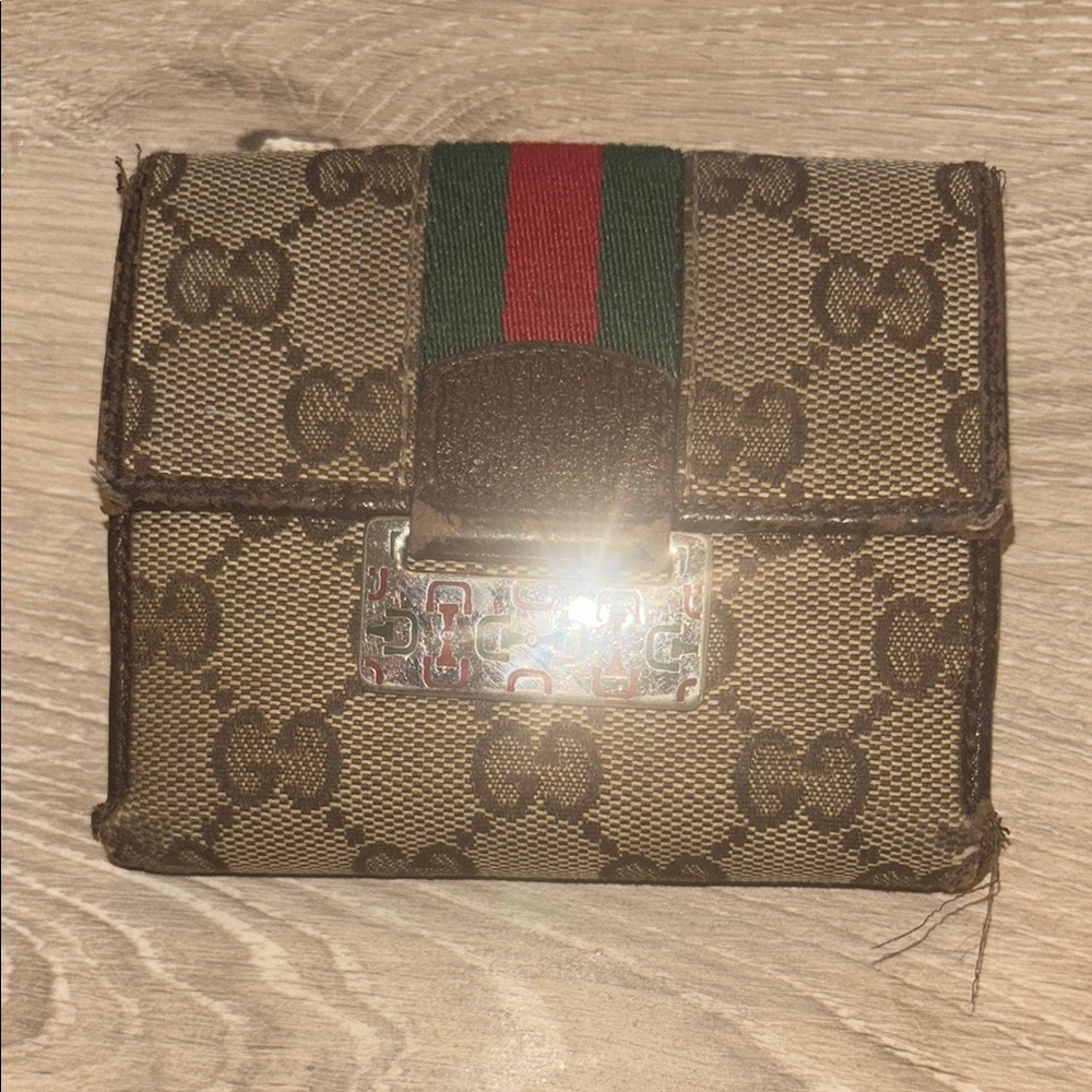 Gucci Brown Monogram Wallet with Red and Green Stripe